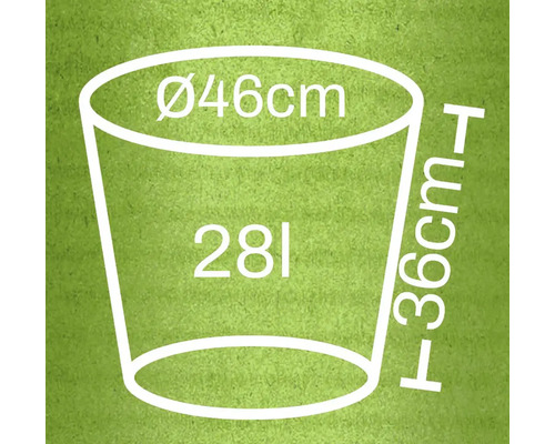 Desen tehnic al unei găleți cu dimensiunile diametru 46 cm, înălțime 36 cm și volum 28 litri.