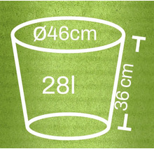 Diagramă a unui ghiveci de flori cu dimensiunile diametru 46 cm, înălțime 36 cm și volum 28 litri