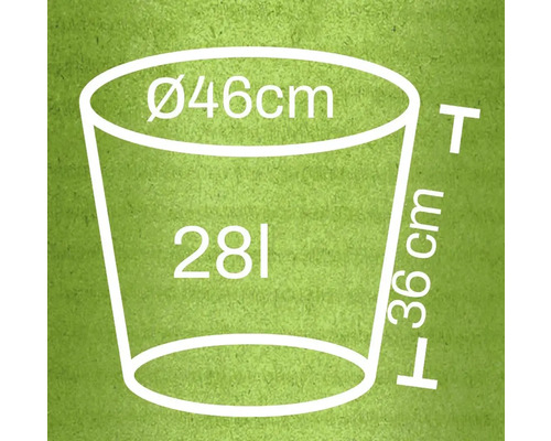 Diagramă a unui ghiveci de flori cu dimensiunile diametru 46 cm, înălțime 36 cm și volum 28 litri