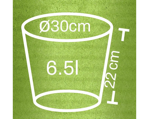 Schiță a unui ghiveci de flori cu dimensiunile diametrul 30 centimetri, înălțimea 22 centimetri și volumul 6,5 litri