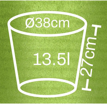 Ilustrație cu dimensiunile unui ghiveci de flori: 38 centimetri diametru, 27 centimetri înălțime și 13,5 litri capacitate