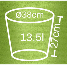 Desen tehnic al unui ghiveci de flori cu dimensiunile diametru 38 cm, înălțime 27 cm și volum 13,5 litri