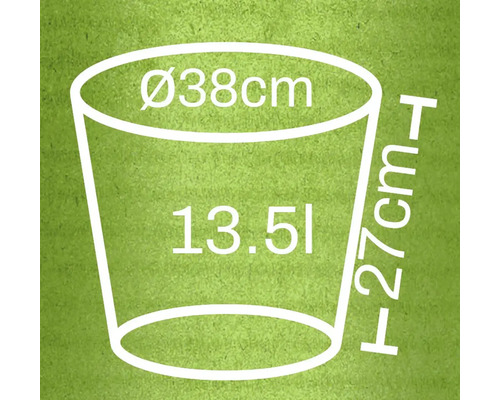 Desen tehnic al unui ghiveci de flori cu dimensiunile diametru 38 cm, înălțime 27 cm și volum 13,5 litri