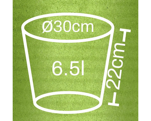 Schiță a unui ghiveci de flori cu dimensiunile de 30 centimetri diametru, 22 centimetri înălțime și un volum de 6,5 litri