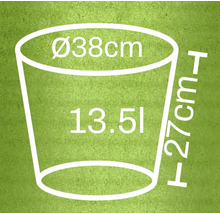Ilustrație a unui vas de plantare cu dimensiunile de 38 cm diametru, 27 cm înălțime și 13,5 litri volum
