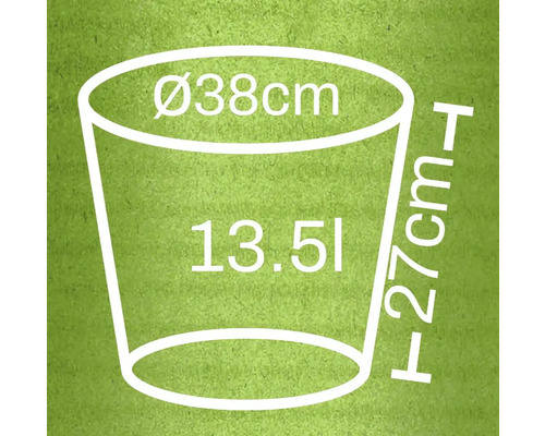 Ilustrație a unui vas de plantare cu dimensiunile de 38 cm diametru, 27 cm înălțime și 13,5 litri volum