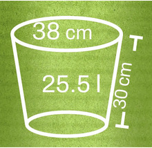Ilustrație a unui vas de plantare cu dimensiunile de 38 centimetri diametru, 30 centimetri înălțime și 25,51 litri volum
