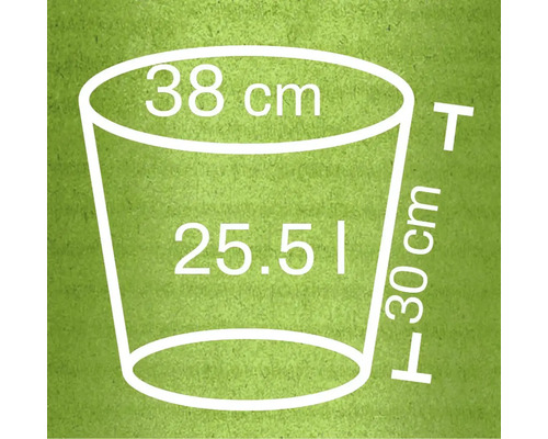 Ilustrație a unui vas de plantare cu dimensiunile de 38 centimetri diametru, 30 centimetri înălțime și 25,51 litri volum