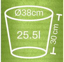 Dimensiunile unui vas de plantare: diametru 38 cm, volum 25,5 litri, înălțime 30 cm