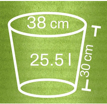 Ilustrație a unui ghiveci de flori cu dimensiunile de 38 centimetri diametru, 30 centimetri înălțime și 25,51 litri volum