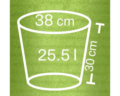 Ilustrație a unui ghiveci de flori cu dimensiunile de 38 centimetri diametru, 30 centimetri înălțime și 25,51 litri volum
