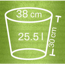 Schiță a unui vas de plantare cu dimensiunile de 38 centimetri diametru, 30 centimetri înălțime și 25,51 litri volum