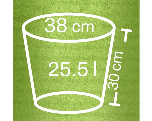 Schiță a unui vas de plantare cu dimensiunile de 38 centimetri diametru, 30 centimetri înălțime și 25,51 litri volum