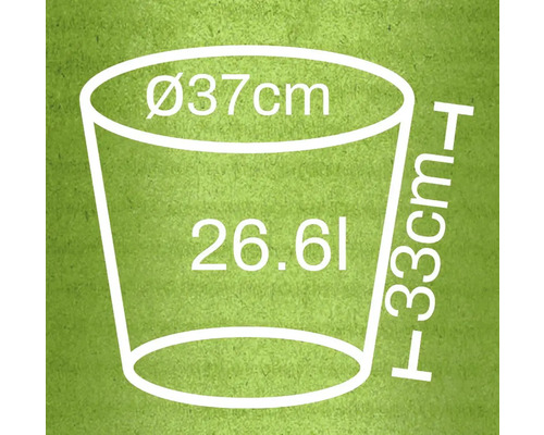 Imagine cu dimensiunile unui ghiveci de flori: diametru 37 cm, înălțime 33 cm, volum 26,61 litri