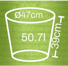 Desen tehnic al unui vas de plantare cu dimensiunile diametru 47 centimetri, înălțime 39 centimetri și un volum de 50,7 litri
