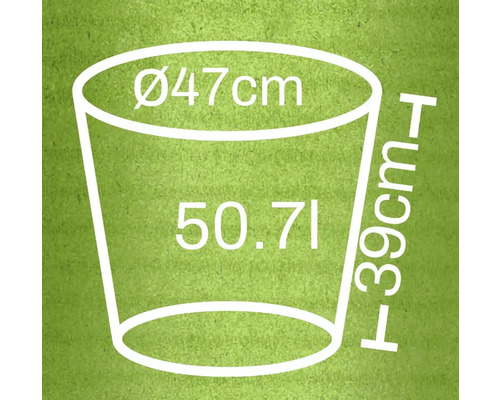 Desen tehnic al unui vas de plantare cu dimensiunile diametru 47 centimetri, înălțime 39 centimetri și un volum de 50,7 litri