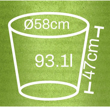 Dimensiunile unui ghiveci de flori: diametru 58 cm, înălțime 47 cm, volum 93,1 litri