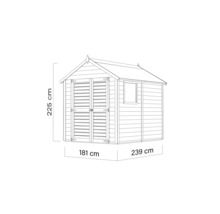 Imagine a unei căsuțe de grădină cu dimensiunile de 225 cm înălțime, 181 cm lățime și 239 cm adâncime