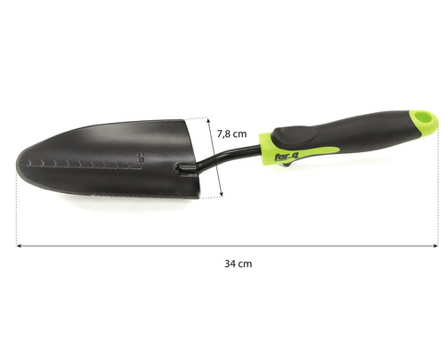 Lopată de grădină cu o lungime de 34 cm și o lățime a lamei de 7,8 cm.