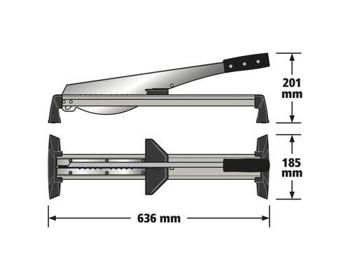Ghilotină pentru laminat în vedere laterală și de sus cu dimensiuni: lungime 636 milimetri, înălțime 201 milimetri, lățime 185 milimetri.