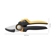 Foarfecă de grădină bypass Fiskars P941 cu dimensiuni de 22,2 centimetri lungime și 6,6 centimetri înălțime.