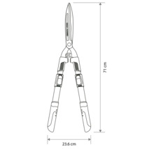 Desen tehnic al unei foarfeci pentru gard viu cu o lungime de 71 centimetri și o lățime de 23,6 centimetri.