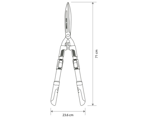 Desen tehnic al unei foarfeci pentru gard viu cu o lungime de 71 centimetri și o lățime de 23,6 centimetri.