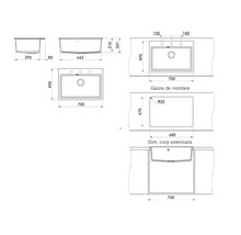 Desen tehnic pentru o chiuvetă de bucătărie cu o cuvă, dimensiuni 700 pe 490 milimetri, adâncime de 210 milimetri și trei orificii pentru baterie.