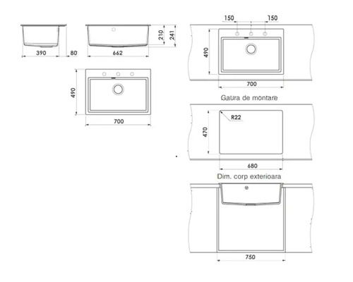 Desen tehnic pentru o chiuvetă de bucătărie cu o cuvă, dimensiuni 700 pe 490 milimetri, adâncime de 210 milimetri și trei orificii pentru baterie.