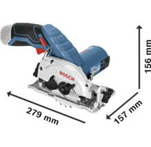 Ferăstrău circular cu acumulator Bosch cu dimensiuni: lungime 279 milimetri, lățime 157 milimetri și înălțime 156 milimetri.
