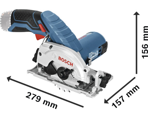 Ferăstrău circular cu acumulator Bosch cu dimensiuni: lungime 279 milimetri, lățime 157 milimetri și înălțime 156 milimetri.