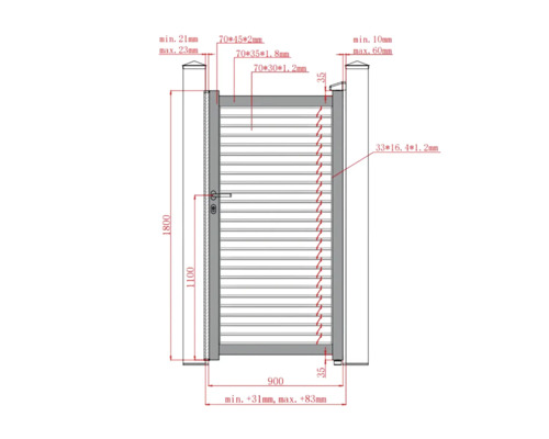 Desen tehnic al unei porți de grădină cu dimensiuni în milimetri, înălțime 1800 milimetri, lățime 900 milimetri.