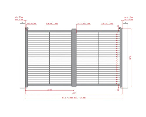 Desen tehnic al unei porți de acces cu două aripi și lamele orizontale, lățime totală 3000 milimetri și înălțime 1800 milimetri.
