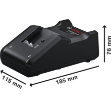 Încărcător Bosch Professional cu dimensiuni: lungime 185 milimetri, lățime 115 milimetri, înălțime 76 milimetri.