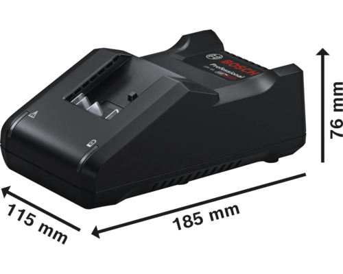 Încărcător Bosch Professional cu dimensiuni: lungime 185 milimetri, lățime 115 milimetri, înălțime 76 milimetri.