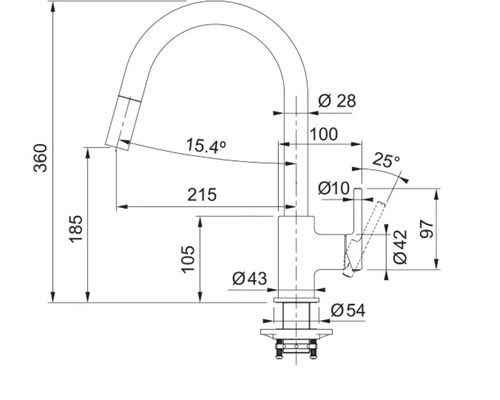 Desen tehnic pentru o baterie de bucătărie cu pipă înaltă și mâner lateral inclusiv dimensiuni în milimetri.