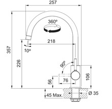 Desen tehnic al unei baterii cu dimensiuni în milimetri: înălțime totală 357, proiecție 218, înălțime scurgere 226 și rază de rotire de 360 grade.