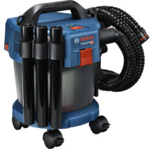 Aspirator umed-uscat cu acumulator Bosch Professional GAS 18 Volt-10 litri albastru și negru cu tuburi de aspirare și furtun flexibil pe role.