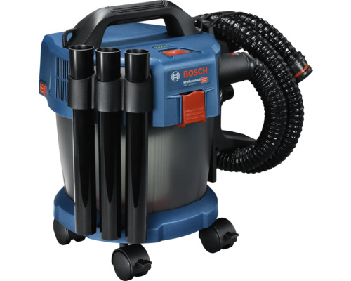Aspirator umed-uscat cu acumulator Bosch Professional GAS 18 Volt-10 litri albastru și negru cu tuburi de aspirare și furtun flexibil pe role.