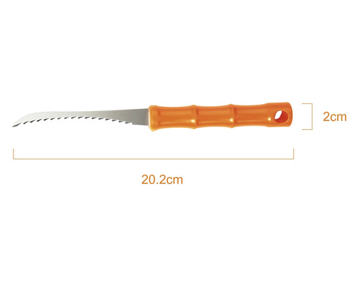 Fierăstrău pentru gips-carton cu mâner din plastic portocaliu, lungime totală 20,2 centimetri, lățime 2 centimetri.