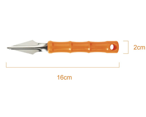 Răzuitor de rosturi cu mâner din plastic portocaliu, lungime totală 16 centimetri, lățime 2 centimetri.