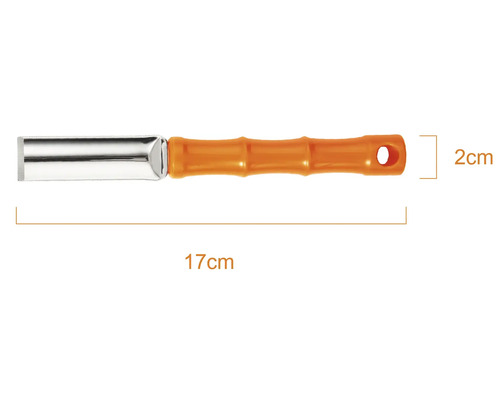 Fier de rostuit cu lamă metalică și mâner portocaliu, lungime 17 centimetri și lățime 2 centimetri.