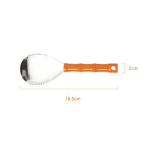 Răzuitoare pentru nucă de cocos din oțel inoxidabil cu mâner portocaliu, lungime totală 18,5 centimetri, lățime mâner 2 centimetri.