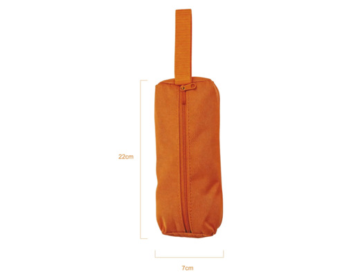 Geantă portocalie pentru unelte din material textil cu fermoar și baretă de transport, dimensiuni 22 centimetri pe 7 centimetri.
