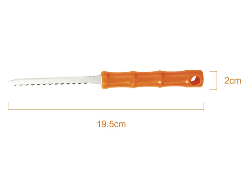 Fierăstrău pentru rosturi cu mâner ergonomic din plastic, lungime totală 19,5 centimetri, înălțime mâner 2 centimetri.