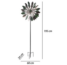 Morișcă de vânt pentru grădină din metal cu dimensiunile 195 centimetri înălțime, 60 centimetri lățime și 24 centimetri adâncime.