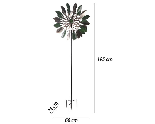 Morișcă de vânt pentru grădină din metal cu dimensiunile 195 centimetri înălțime, 60 centimetri lățime și 24 centimetri adâncime.