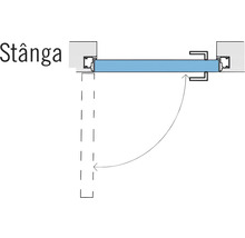Desen tehnic cu vedere de sus a unei uși cu deschidere pe partea stângă.