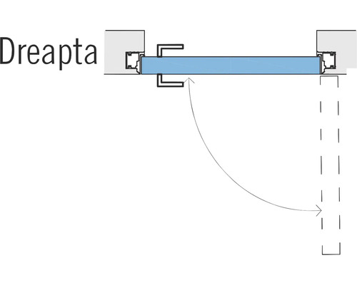 Desen tehnic al unei uși cu deschidere pe dreapta.