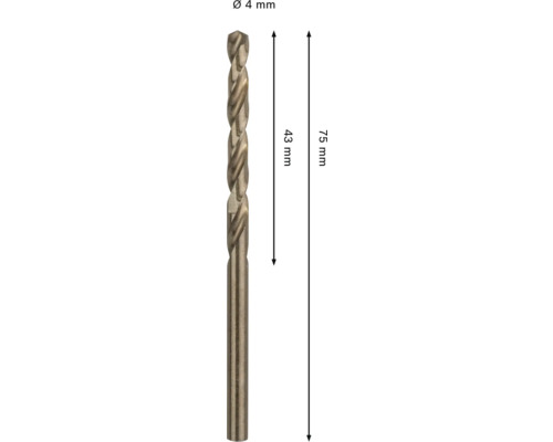 Burghiu spiralat pentru metal cu diametrul 4 milimetri, lungimea de lucru 43 milimetri si lungimea totala 75 milimetri.